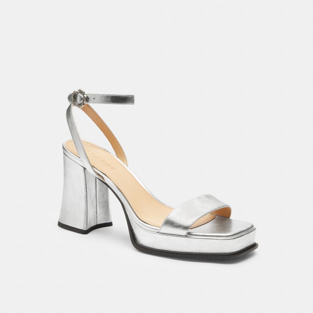 COACH®,Tea Rose Platform Sandal,Leather,Rubber,Sandals,Pull Tab,Formal,Metallic,Front View