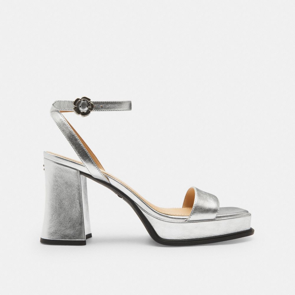 COACH®,Tea Rose Platform Sandal,Leather,Rubber,Sandals,Pull Tab,Formal,Metallic,Angle View