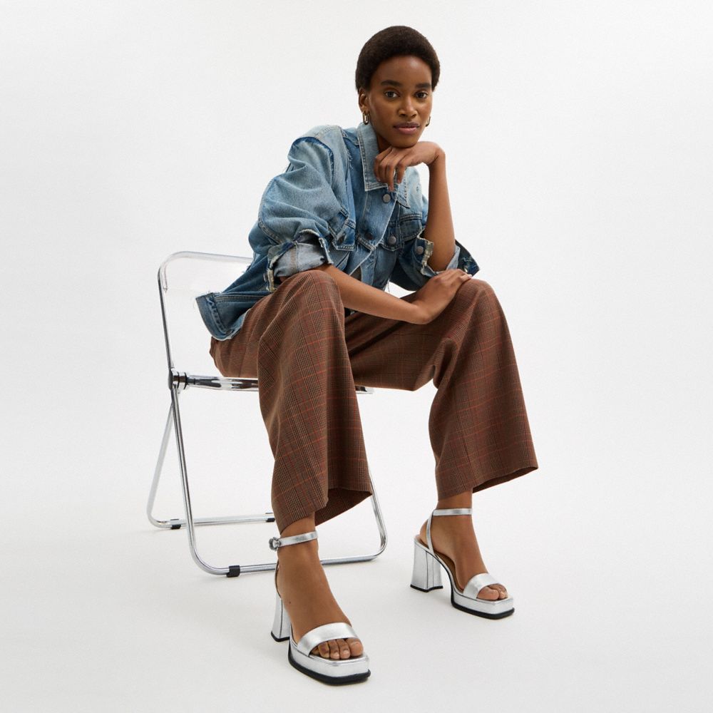 COACH®,Tea Rose Platform Sandal,Leather,Rubber,Sandals,Pull Tab,Formal,Metallic,Detail View