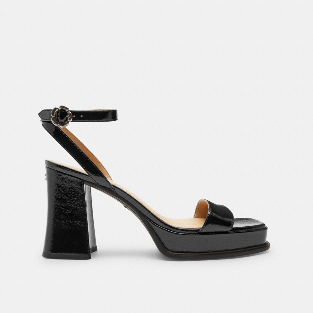 COACH®,Tea Rose Platform Sandal,Rubber,Leather,Sandals,Pull Tab,Cocktail,Black,Angle View