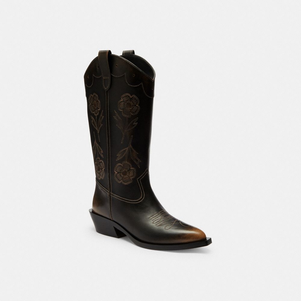 COACH®,Aria Cowboy Boot In Loved Leather,Black,Front View