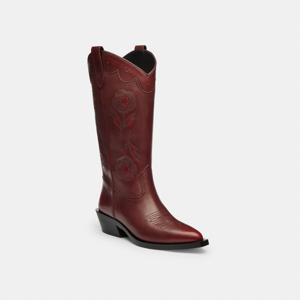 COACH®,Aria Cowboy Boot In Loved Leather,Maroon,Front View