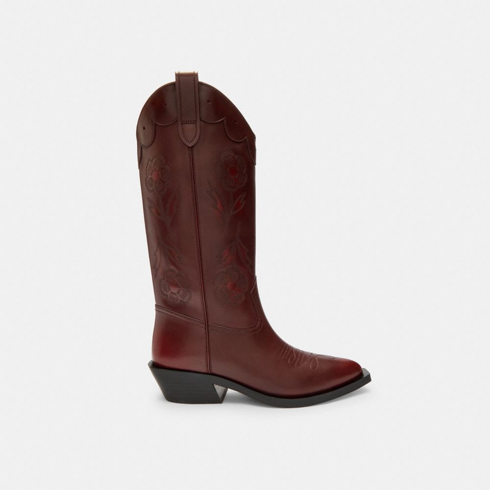COACH®,Aria Cowboy Boot In Loved Leather,Maroon,Angle View