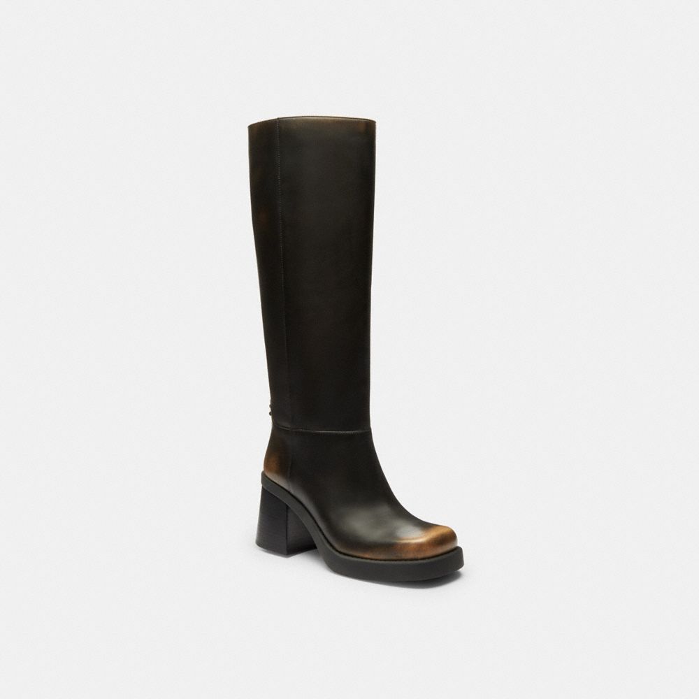 COACH®,Sculpted C Tall Boot In Loved Leather,Rubber,Leather,Boots,Pull Tab,Padded Insole,Day Party,Black,Front View