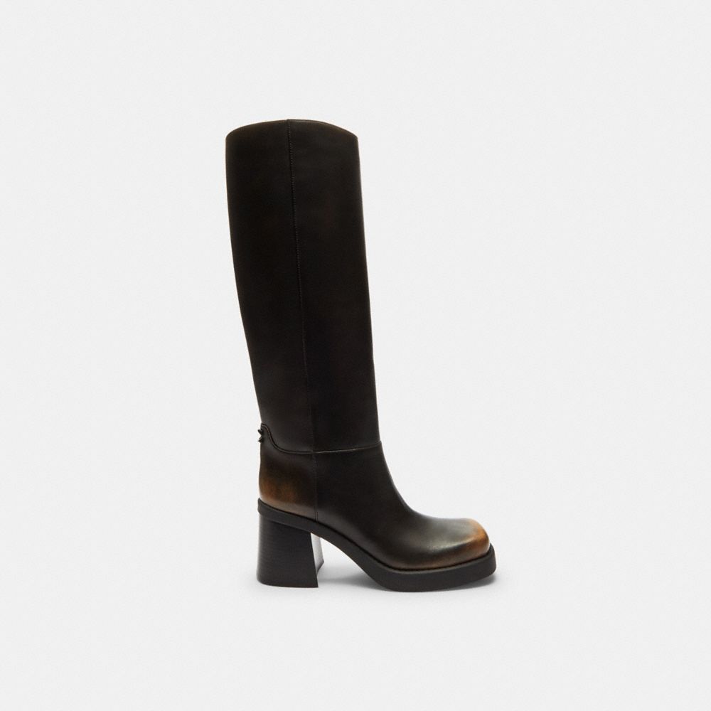 COACH®,Sculpted C Tall Boot In Loved Leather,Rubber,Leather,Boots,Pull Tab,Padded Insole,Day Party,Black,Angle View