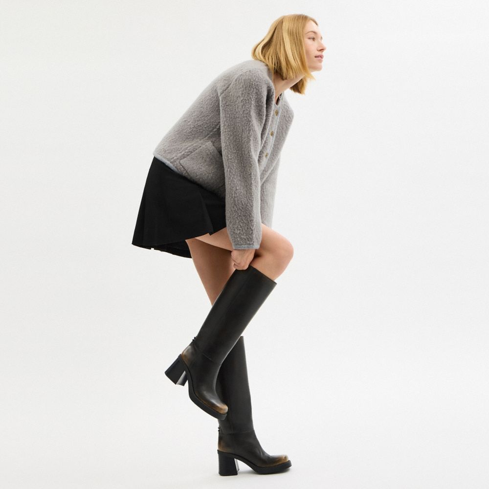 COACH®,Sculpted C Tall Boot In Loved Leather,Rubber,Leather,Boots,Pull Tab,Padded Insole,Day Party,Black,Detail View