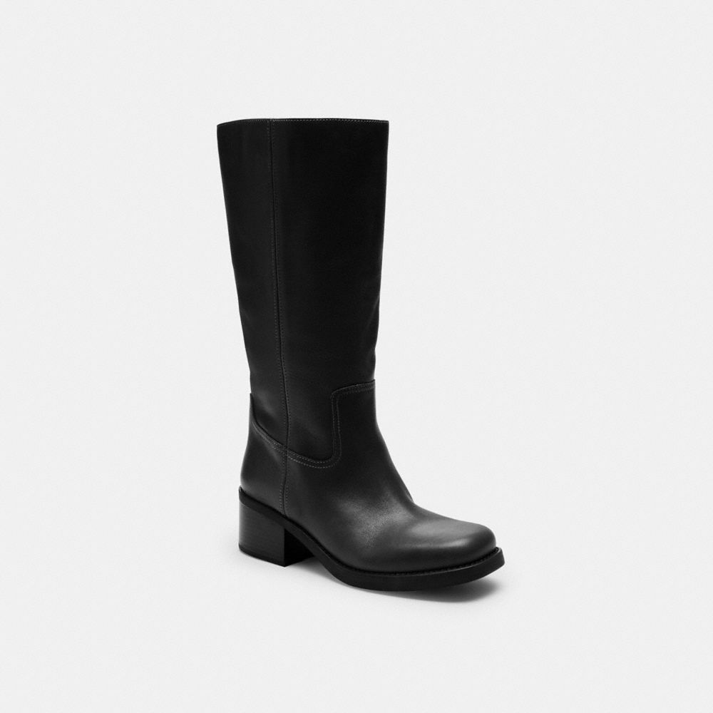 COACH®,Tall Boot,Rubber,Leather,Boots,Pull Tab,Day Party,Black,Front View