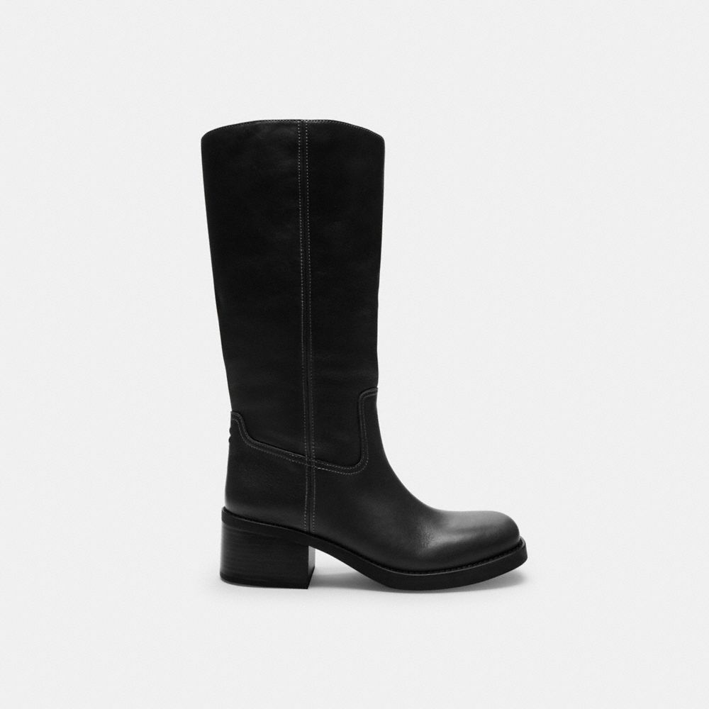 COACH®,Tall Boot,Rubber,Leather,Boots,Pull Tab,Day Party,Black,Angle View