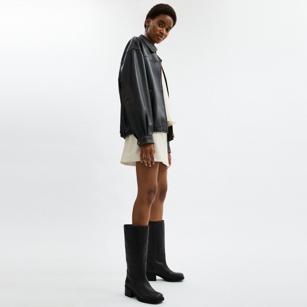 COACH®,Tall Boot,Rubber,Leather,Boots,Pull Tab,Day Party,Black,Detail View