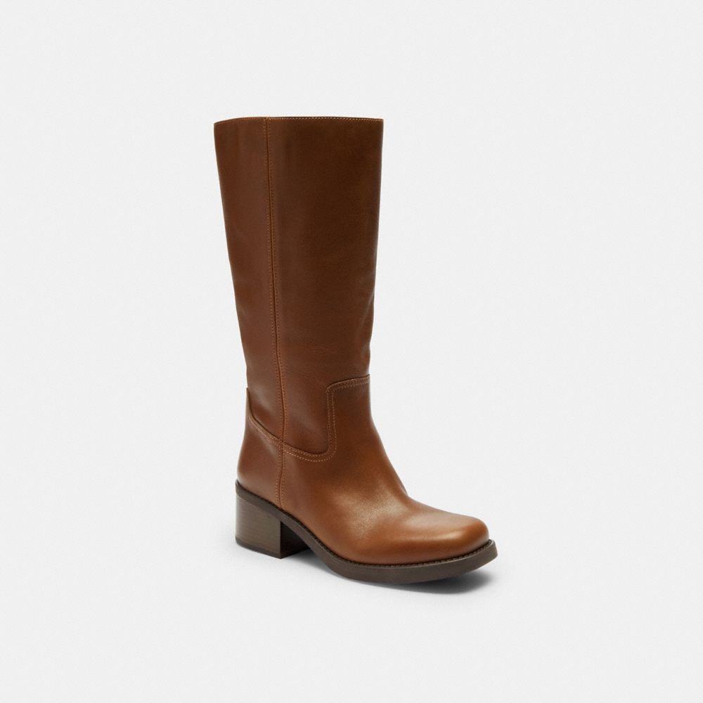 COACH®,Tall Boot,Rubber,Leather,Boots,Pull Tab,Day Party,Brown,Front View