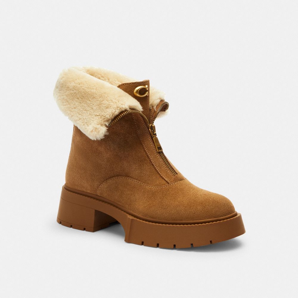 COACH®,Leah Platform Zip Bootie,Rubber,Suede,Shearling,Winter,Color Block,Fold Over Fabric,Logo,Metal,Shearling,Pull Tab,A...,Brown,Front View