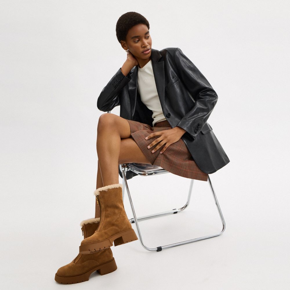 COACH®,Leah Platform Zip Bootie,Rubber,Suede,Shearling,Winter,Color Block,Fold Over Fabric,Logo,Metal,Shearling,Pull Tab,A...,Brown,Detail View