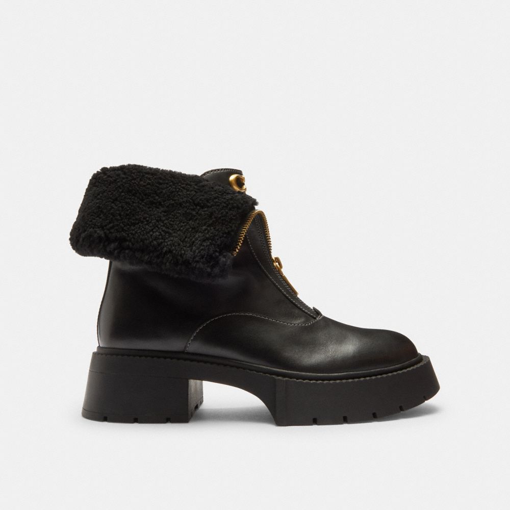 COACH®,Leah Platform Zip Bootie,Rubber,Lining Shearling,Leather,Shearling,Thermoplastic Rubber,Lining Leather,Winter,Fold ...,Black,Angle View