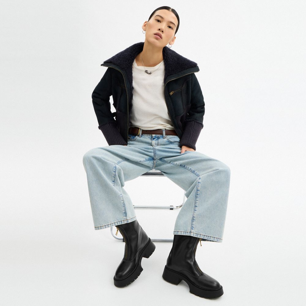 COACH®,Leah Platform Zip Bootie,Rubber,Lining Shearling,Leather,Shearling,Thermoplastic Rubber,Lining Leather,Winter,Fold ...,Black,Detail View