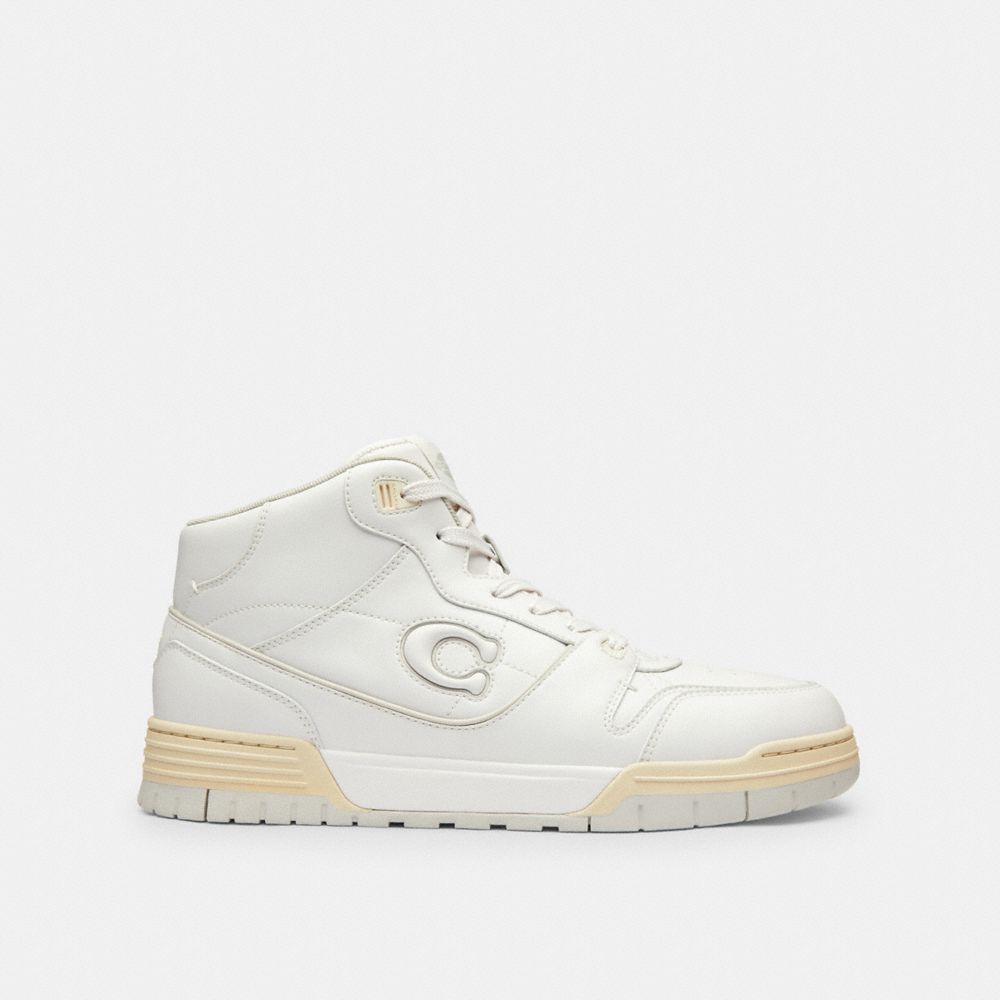 COACH®,Soho Mid Top Sneaker,Rubber,EVA,Leather,Lining Fabric,Casual,High Top,Fabric,Lace Up,Perforated,Cushioned Outsole,C...,White,Angle View