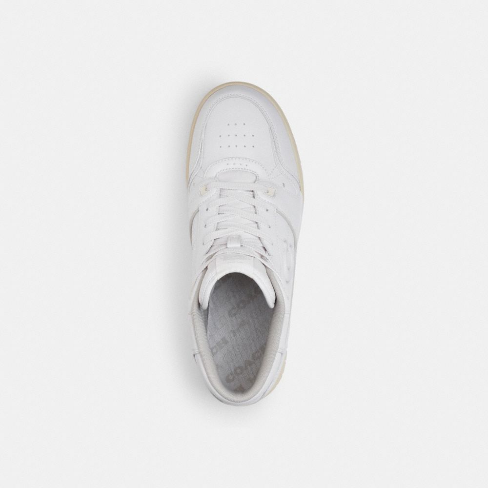 COACH®,Soho Mid Top Sneaker,Rubber,EVA,Leather,Lining Fabric,Casual,High Top,Fabric,Lace Up,Perforated,Cushioned Outsole,C...,White,Inside View,Top View