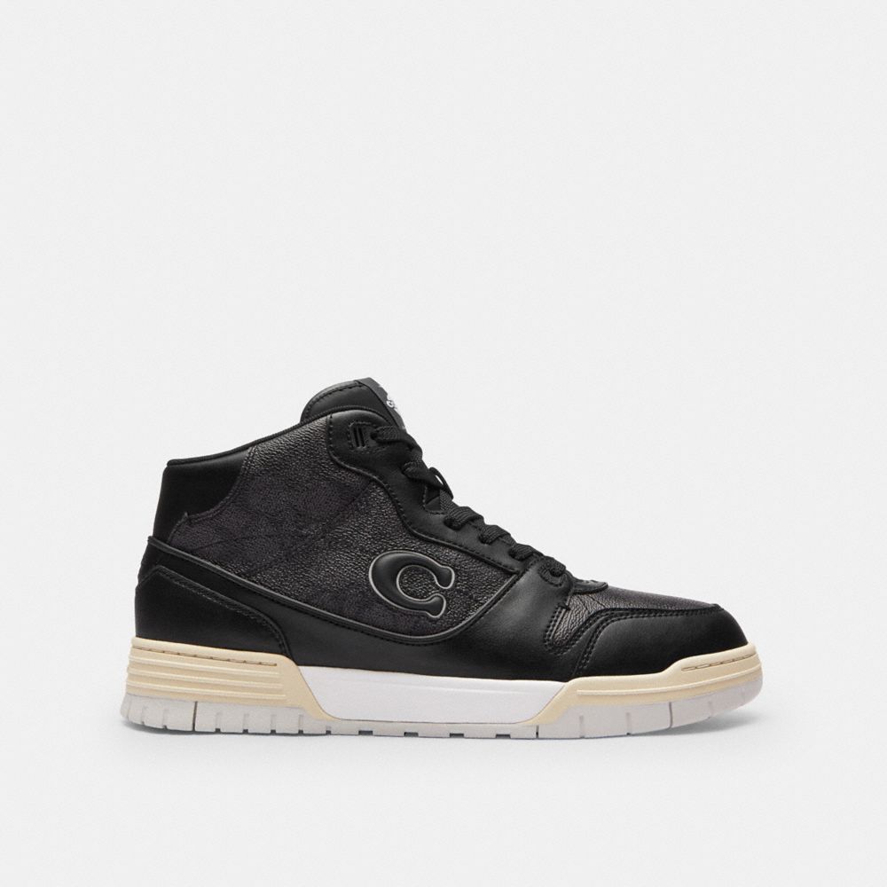 COACH®,Soho Mid Top Sneaker In Signature Canvas,Rubber,Canvas,EVA,Leather,Casual,High Top,Fabric,Graphic,Pattern,Perforate...,Black,Angle View