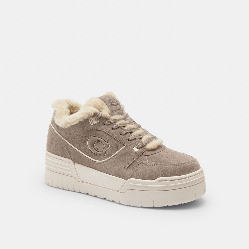COACH®,Soho Platform Sneaker,Shearling,Rubber,Suede,Low Top,Casual,Color Block,Logo,Shearling,Piping,Pull Tab,Casual,Brown,Front View