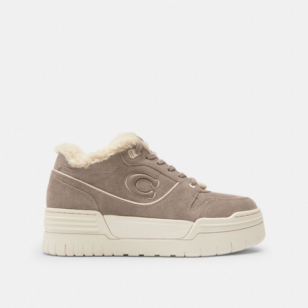 COACH®,Soho Platform Sneaker,Shearling,Rubber,Suede,Low Top,Casual,Color Block,Logo,Shearling,Piping,Pull Tab,Casual,Brown,Angle View