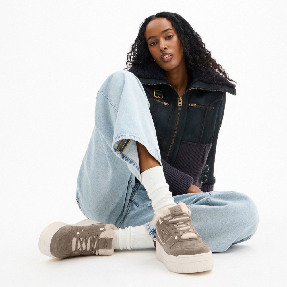 COACH®,Soho Platform Sneaker,Shearling,Rubber,Suede,Low Top,Casual,Color Block,Logo,Shearling,Piping,Pull Tab,Casual,Brown,Detail View