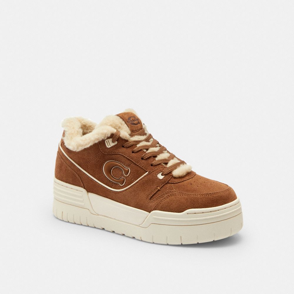 COACH®,Soho Platform Sneaker,Shearling,Rubber,Suede,Low Top,Casual,Color Block,Logo,Shearling,Piping,Pull Tab,Casual,Brown,Front View