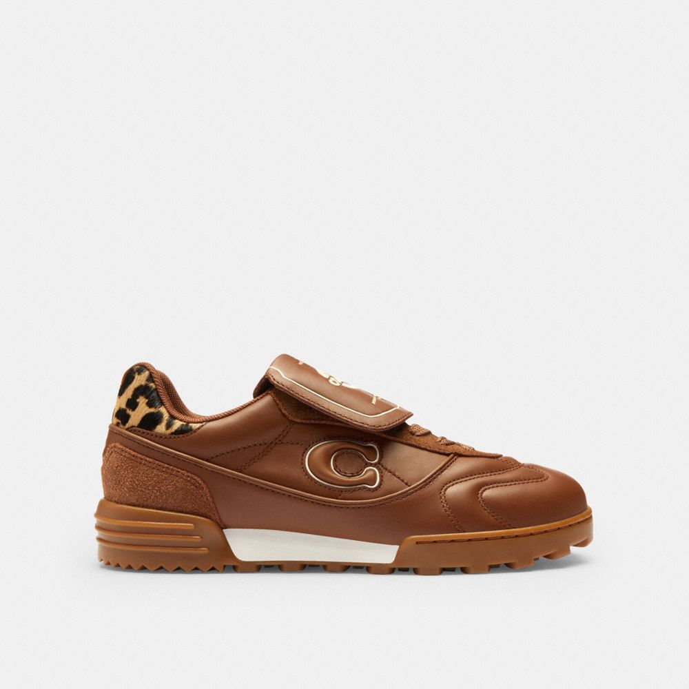 COACH®,Match Sneaker With Leopard Print,Rubber,Leather,Recycled Polyester,Polyester,Suede,Casual,Low Top,Embossed,Fur Embe...,Brown,Angle View