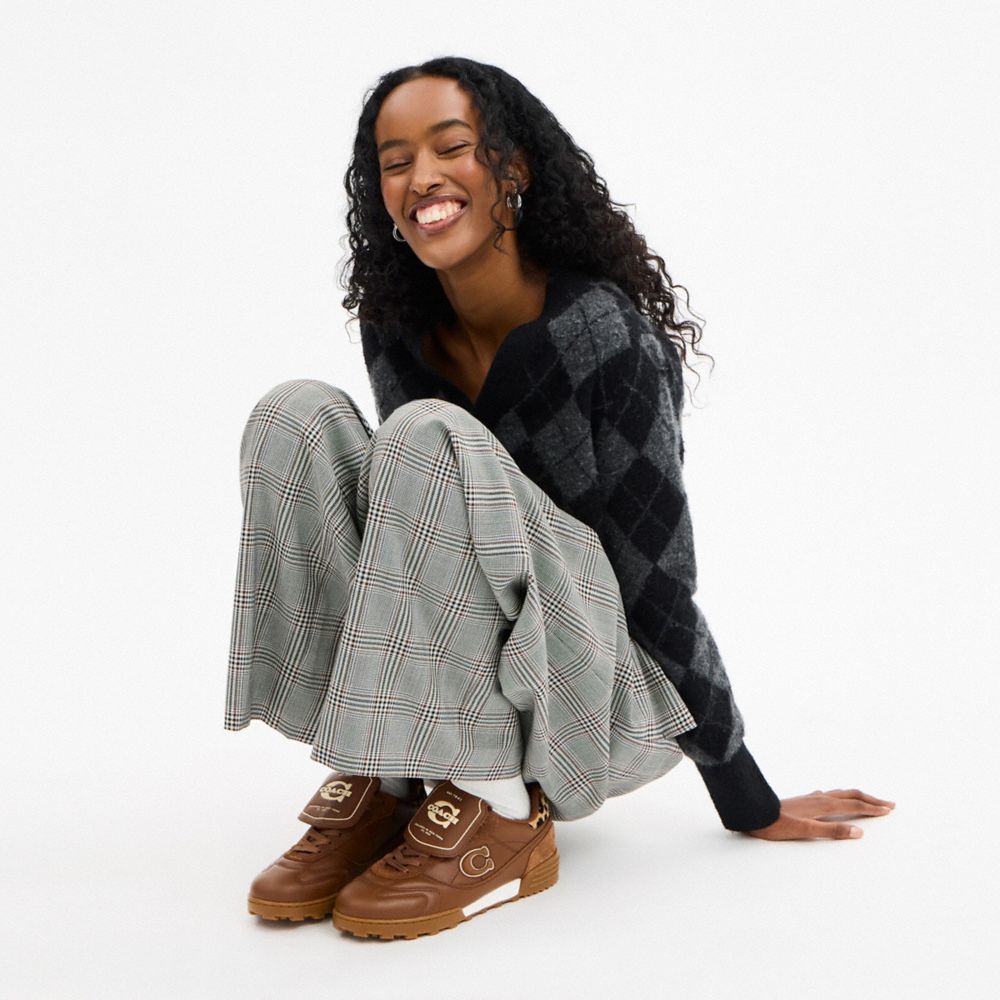 COACH®,Match Sneaker With Leopard Print,Rubber,Leather,Recycled Polyester,Polyester,Suede,Casual,Low Top,Embossed,Fur Embe...,Brown,Detail View