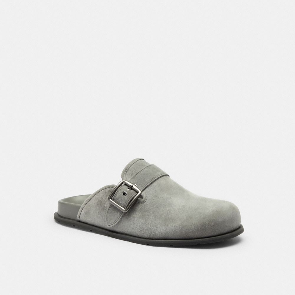 COACH®,Buckle Clog,Rubber,Leather,Suede,Clogs,Traction,Arch Support,Gunmetal,Casual,Gray,Front View