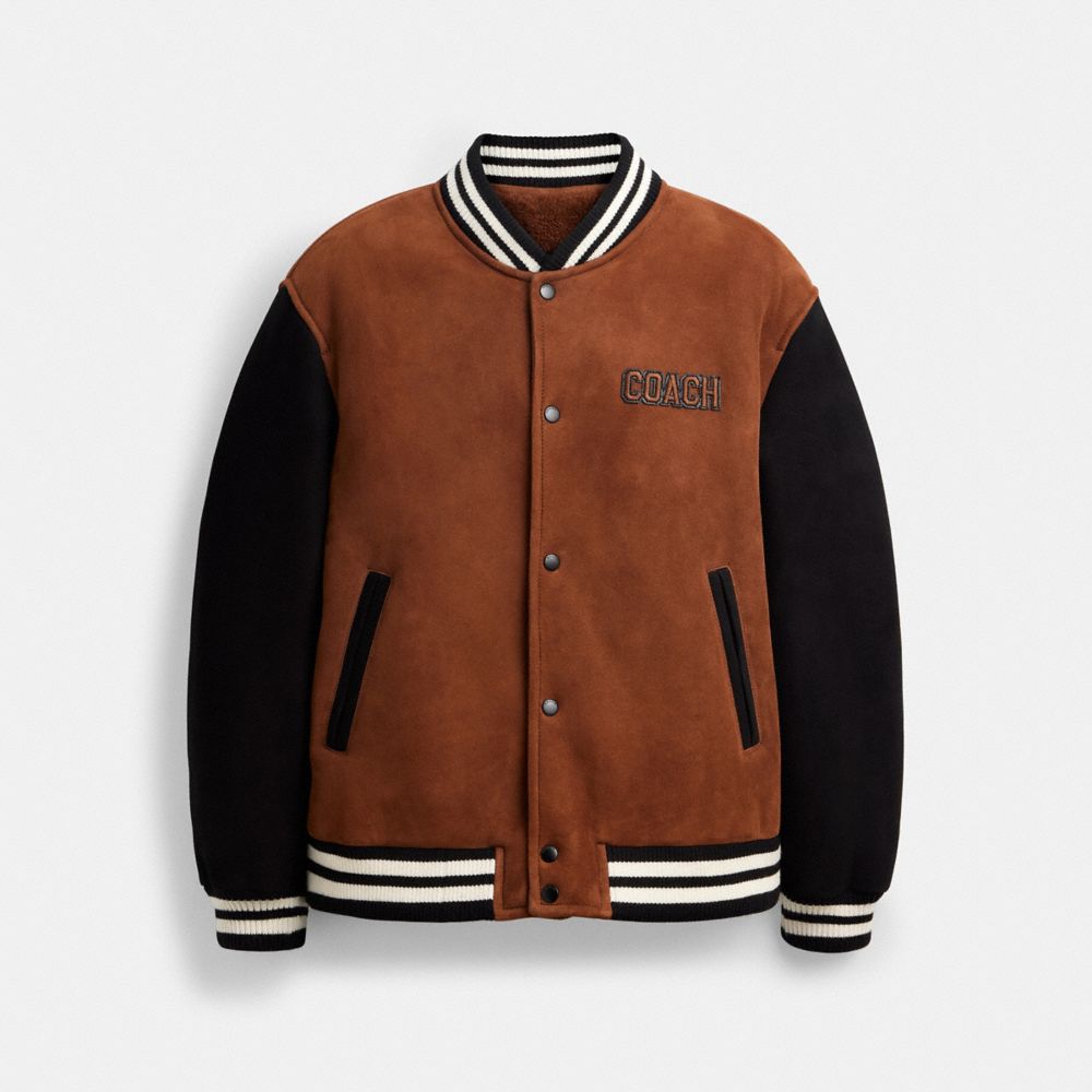 COACH®,Shearling Varsity Jacket,Shearling,Leather,Wool,Acrylic,Polyamide,Bomber,Applique,Logo,Stripe,Color Block,Lined,Casual,Brown,Front View
