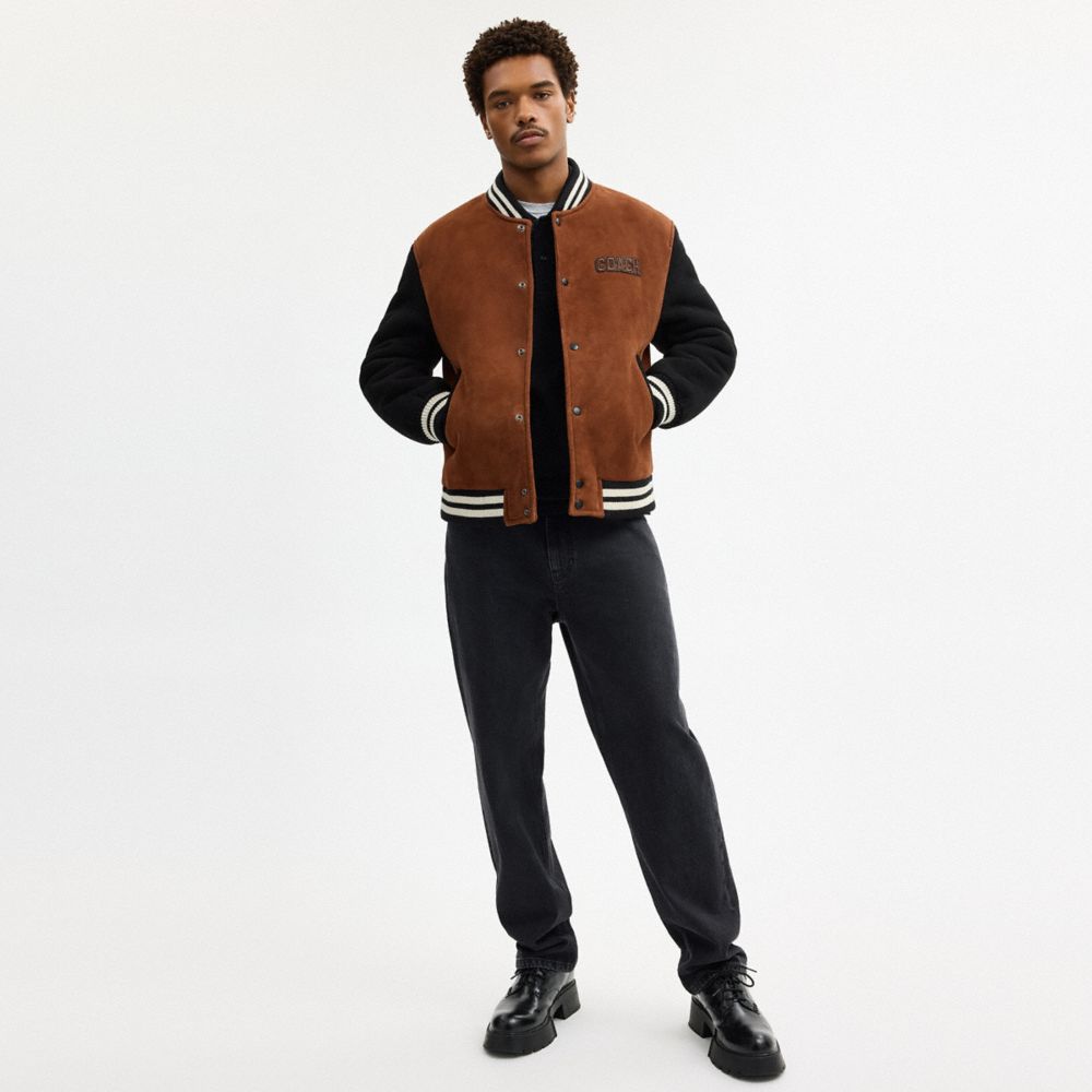 COACH®,Shearling Varsity Jacket,Shearling,Leather,Wool,Acrylic,Polyamide,Bomber,Applique,Logo,Stripe,Color Block,Lined,Casual,Brown,Scale View