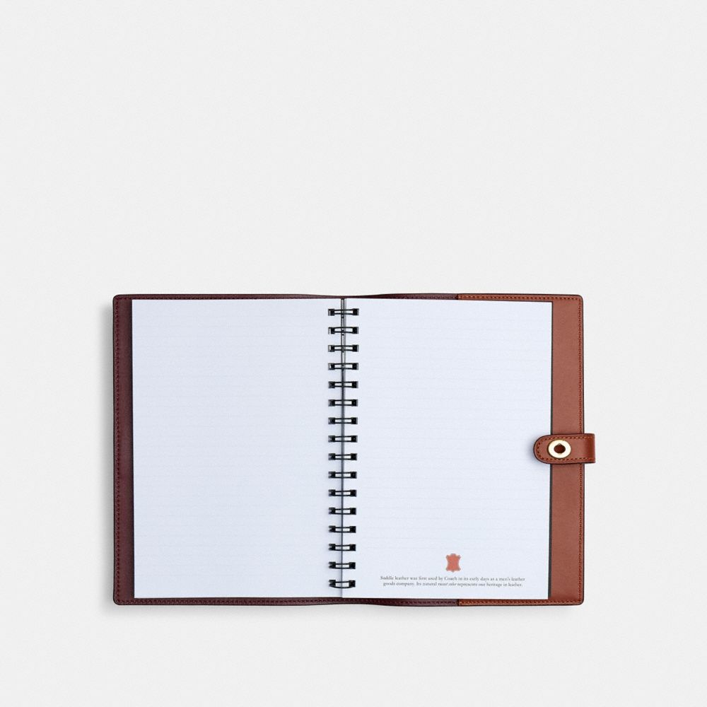 COACH®,Notebook In Signature Canvas With Holiday Train,Notebook,Logo,Stitching,Graphic,Brass,Brown,Inside View,Top View