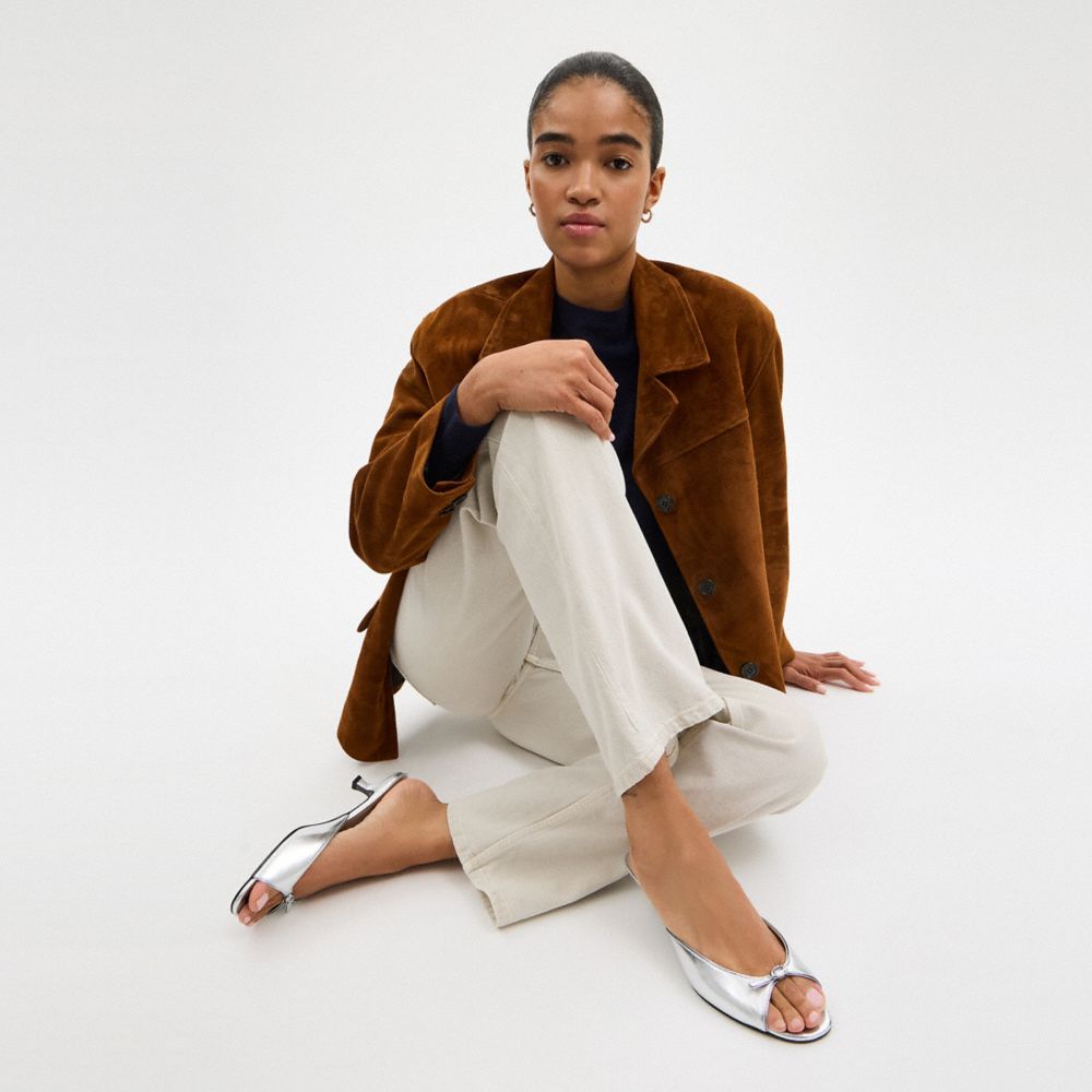 COACH®,Kitten Heel Sandal,Leather,Thermoplastic Rubber,Faux Leather,Rubber,Slides,Plastic,Resin,Metal,Embellished,Logo,Rhi...,Silver,Detail View