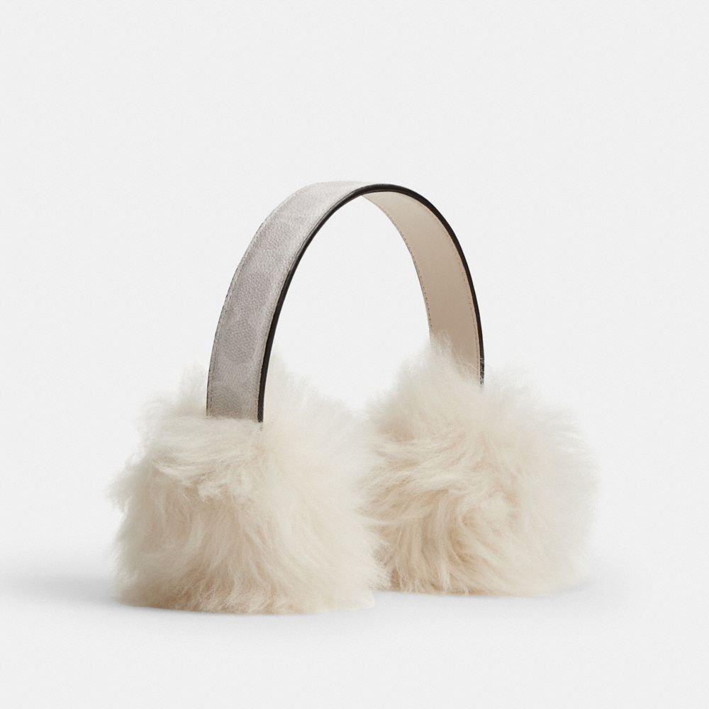 COACH®,Shearling Earmuffs,Shearling,Canvas,Ear Muffs,Fur Embellishment,Logo,Casual,Cream,Front View