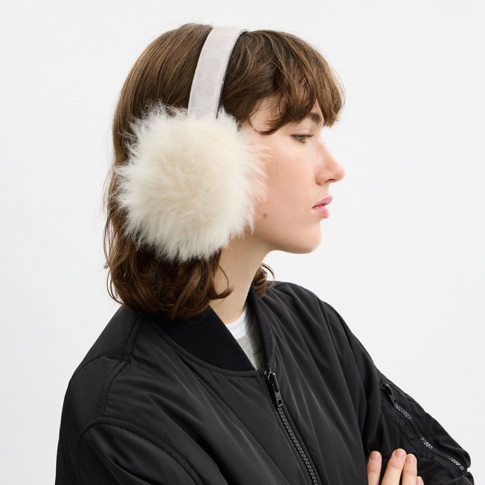 COACH®,Shearling Earmuffs,Shearling,Canvas,Ear Muffs,Fur Embellishment,Logo,Casual,Cream,Detail View