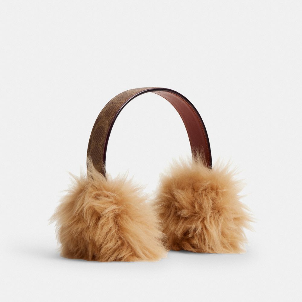 COACH®,Shearling Earmuffs,Shearling,Canvas,Ear Muffs,Fur Embellishment,Logo,Casual,Brown,Front View