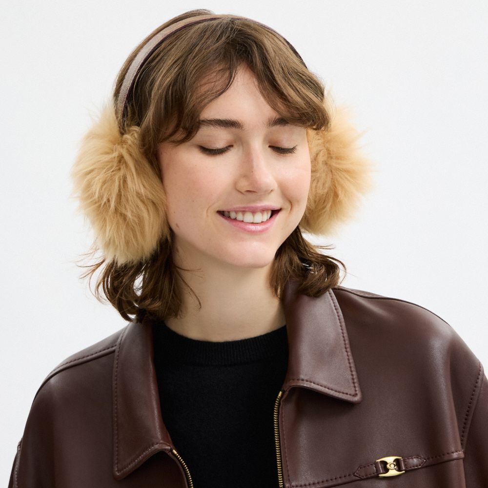 COACH®,Shearling Earmuffs,Shearling,Canvas,Ear Muffs,Fur Embellishment,Logo,Casual,Brown,Detail View