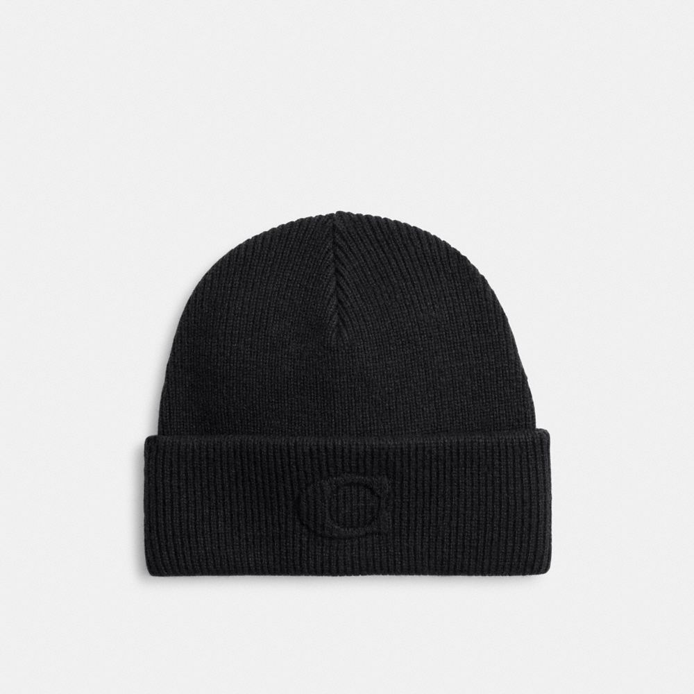 COACH®,Signature Embossed Knit Beanie,Black,Front View
