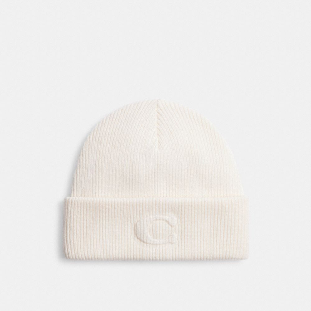 COACH®,Signature Embossed Knit Beanie,Cream,Front View