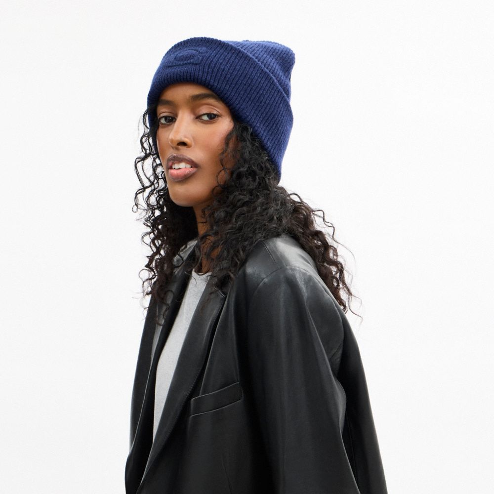 COACH®,Signature Embossed Knit Beanie,Navy,Detail View