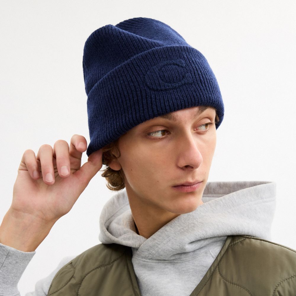 COACH®,Signature Embossed Knit Beanie,Navy,Angle View