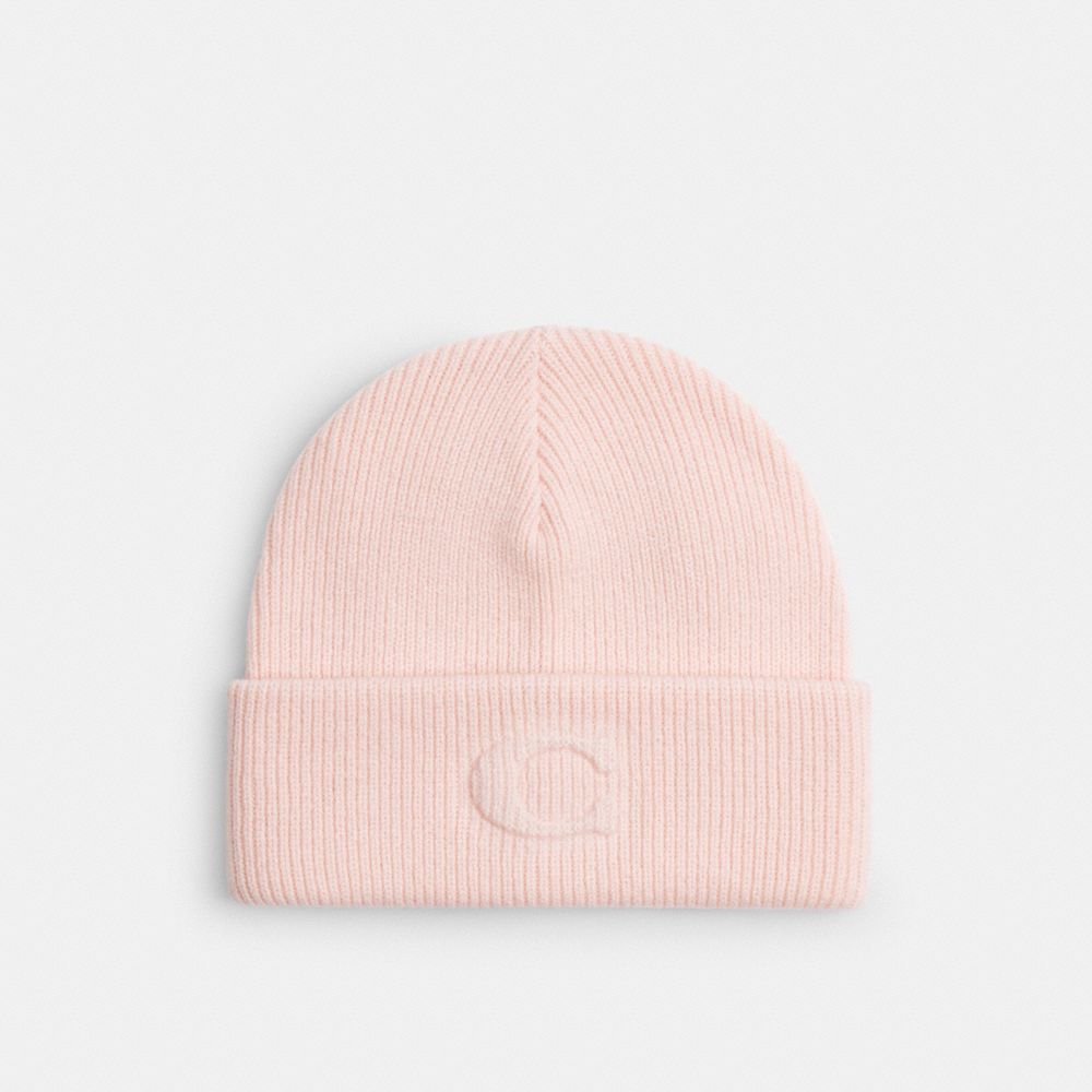 COACH®,Signature Embossed Knit Beanie,Pink,Front View