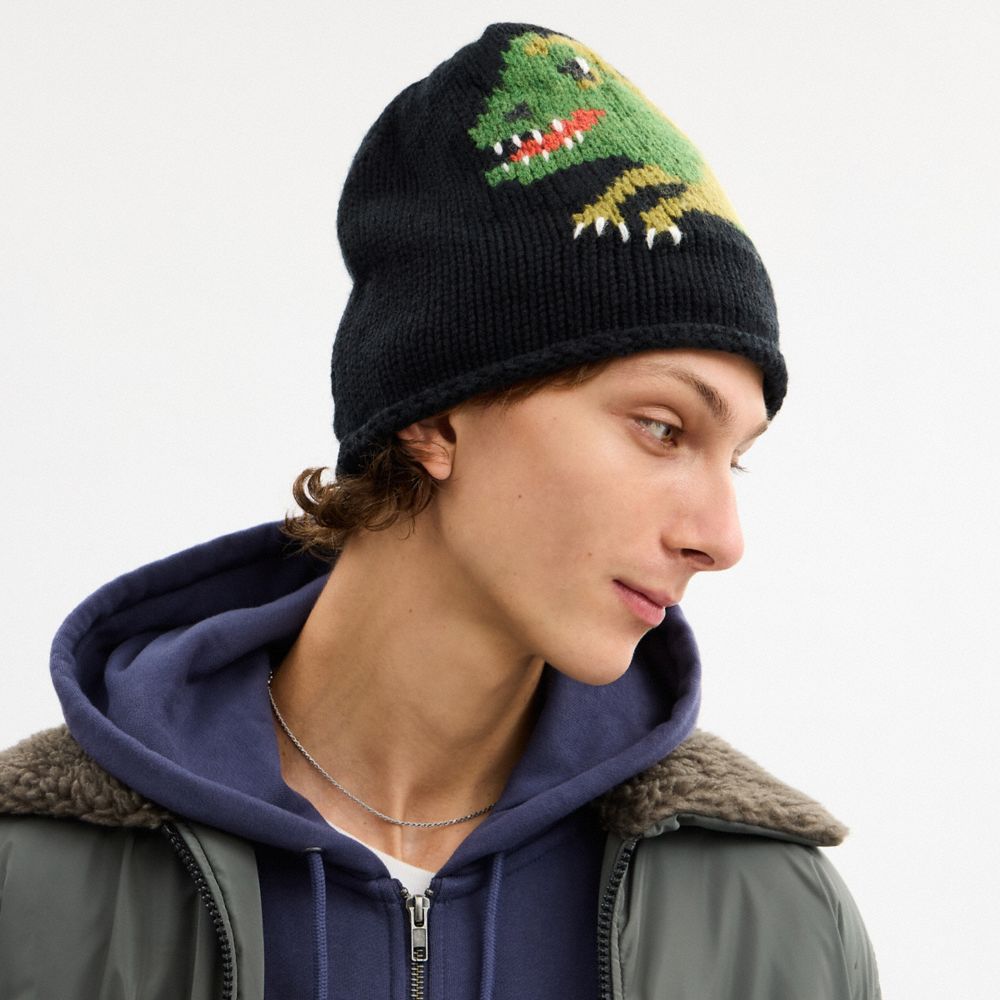 COACH®,Jumbo Rexy Print Knit Beanie,Black,Angle View