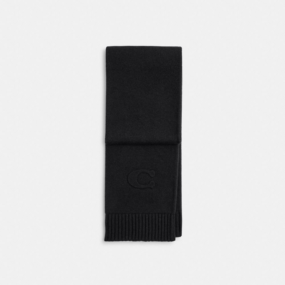 COACH®,Signature Embossed Knit Muffler,Wool Blend,Wool,Knit,Polyamide,Rectangle,Embossed,Logo,Casual,Black,Front View