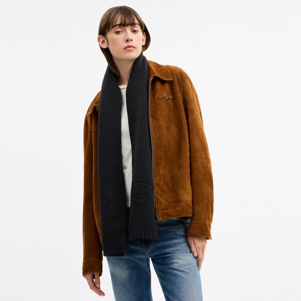 COACH®,Signature Embossed Knit Muffler,Wool Blend,Wool,Knit,Polyamide,Rectangle,Embossed,Logo,Casual,Black,Detail View