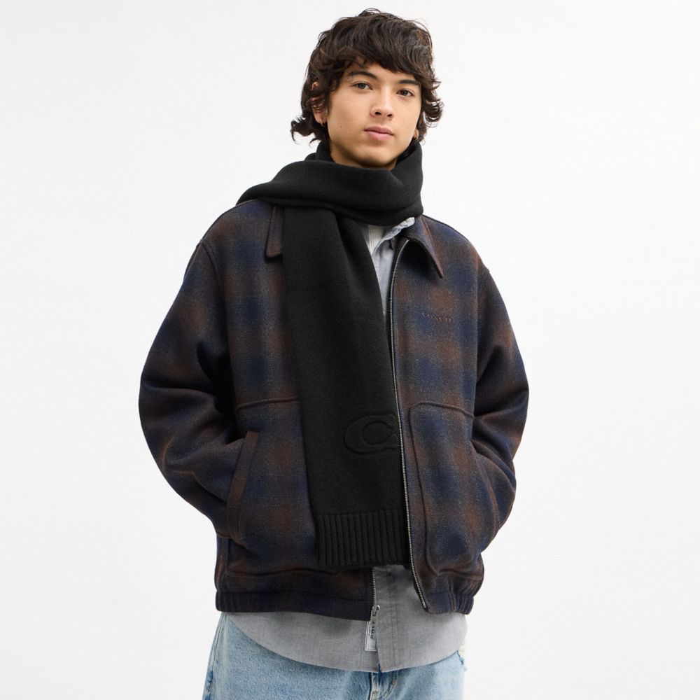 COACH®,Signature Embossed Knit Muffler,Wool Blend,Wool,Knit,Polyamide,Rectangle,Embossed,Logo,Casual,Black,Angle View