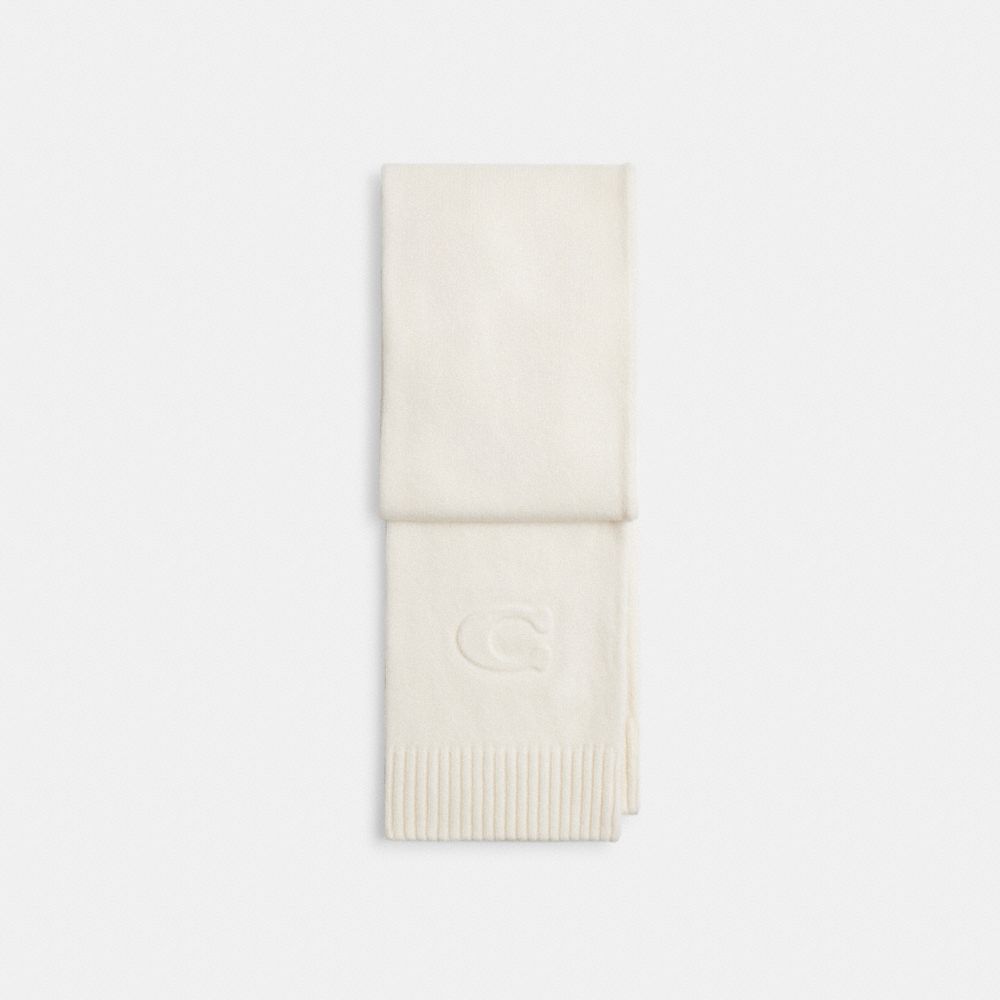 COACH®,Signature Embossed Knit Muffler,Wool Blend,Wool,Knit,Polyamide,Rectangle,Embossed,Logo,Casual,Cream,Front View