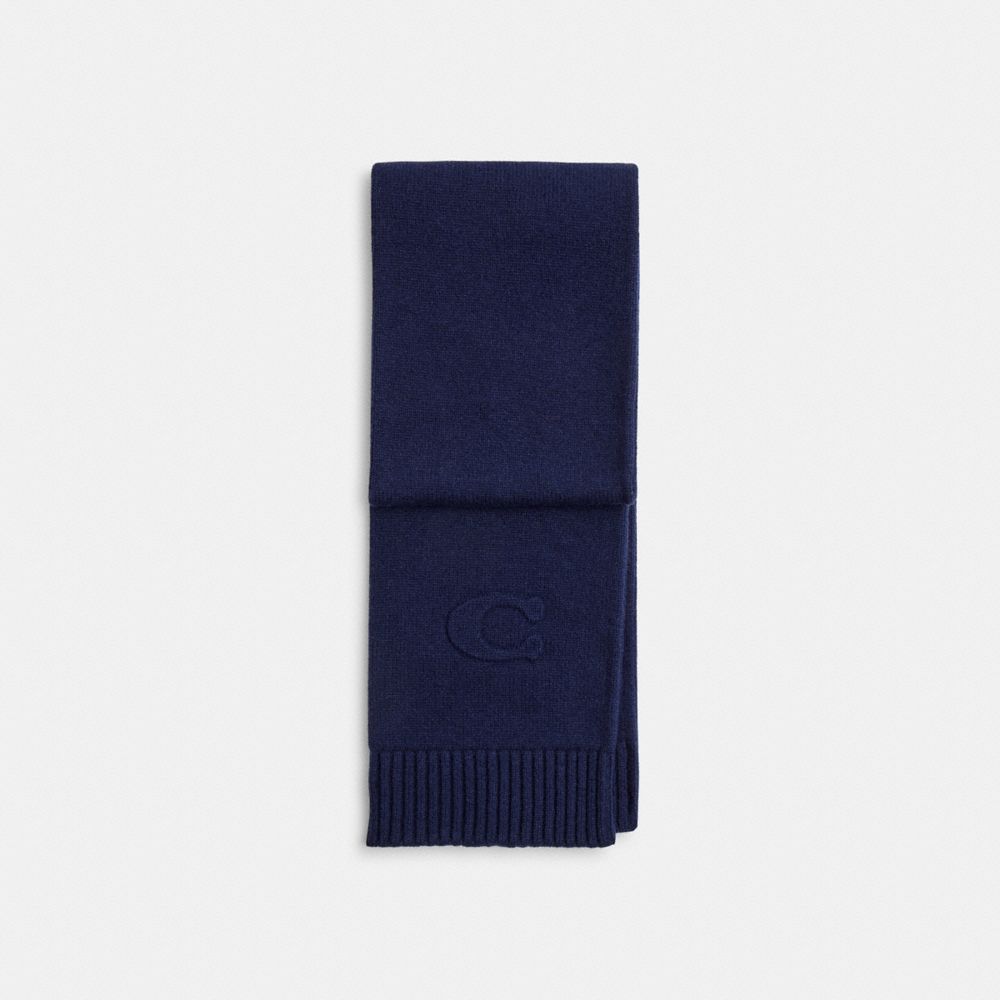 COACH®,Signature Embossed Knit Muffler,Wool Blend,Wool,Knit,Polyamide,Rectangle,Embossed,Logo,Casual,Navy,Front View