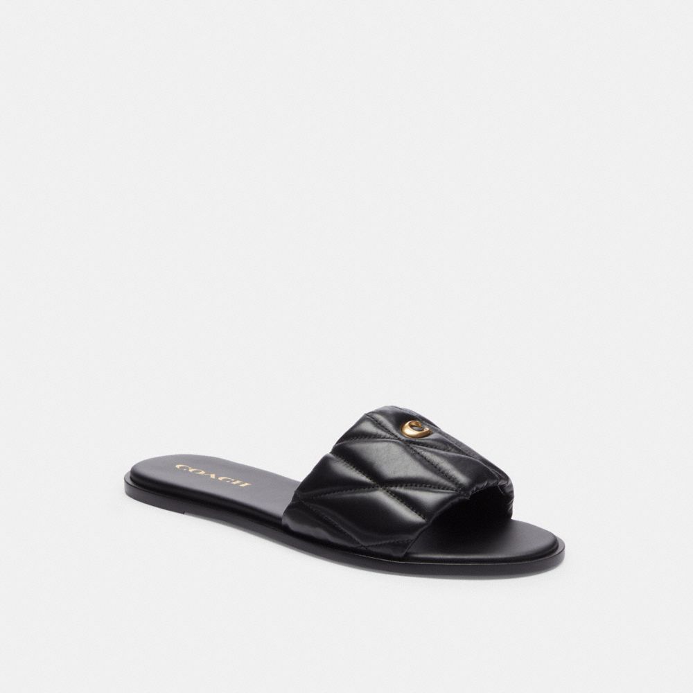 COACH®,Holly Sandal With Quilting,Faux Leather,Lining Leather,Rubber,Leather,Slides,Logo,Metal,Padded Insole,Traction,Cush...,Black,Front View