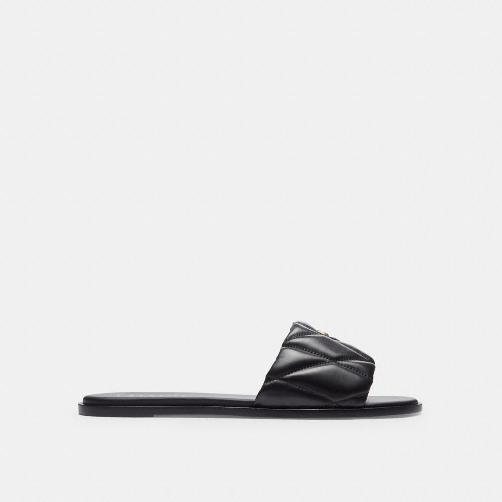 COACH®,Holly Sandal With Quilting,Faux Leather,Lining Leather,Rubber,Leather,Slides,Logo,Metal,Padded Insole,Traction,Cush...,Black,Angle View