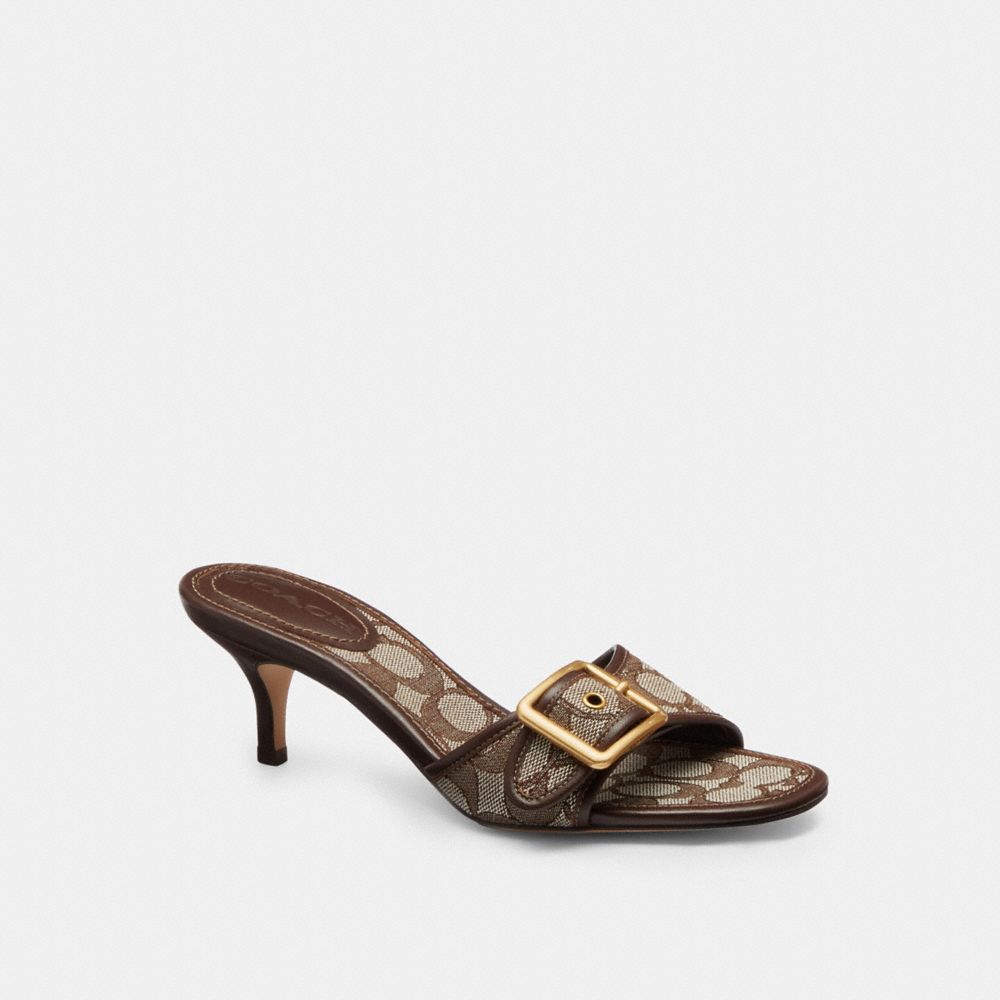 COACH®,Margot Sandal In Signature Jacquard,Leather,Recycled Cotton,Recycled Polyester,Slides,Fabric,Logo,Piping,Sustainabl...,Brown,Front View